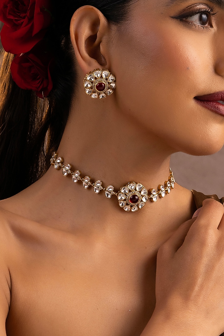 Gold Finish Red Kundan Polki Choker Necklace Set by Swabhimann Jewellery at Pernia's Pop Up Shop