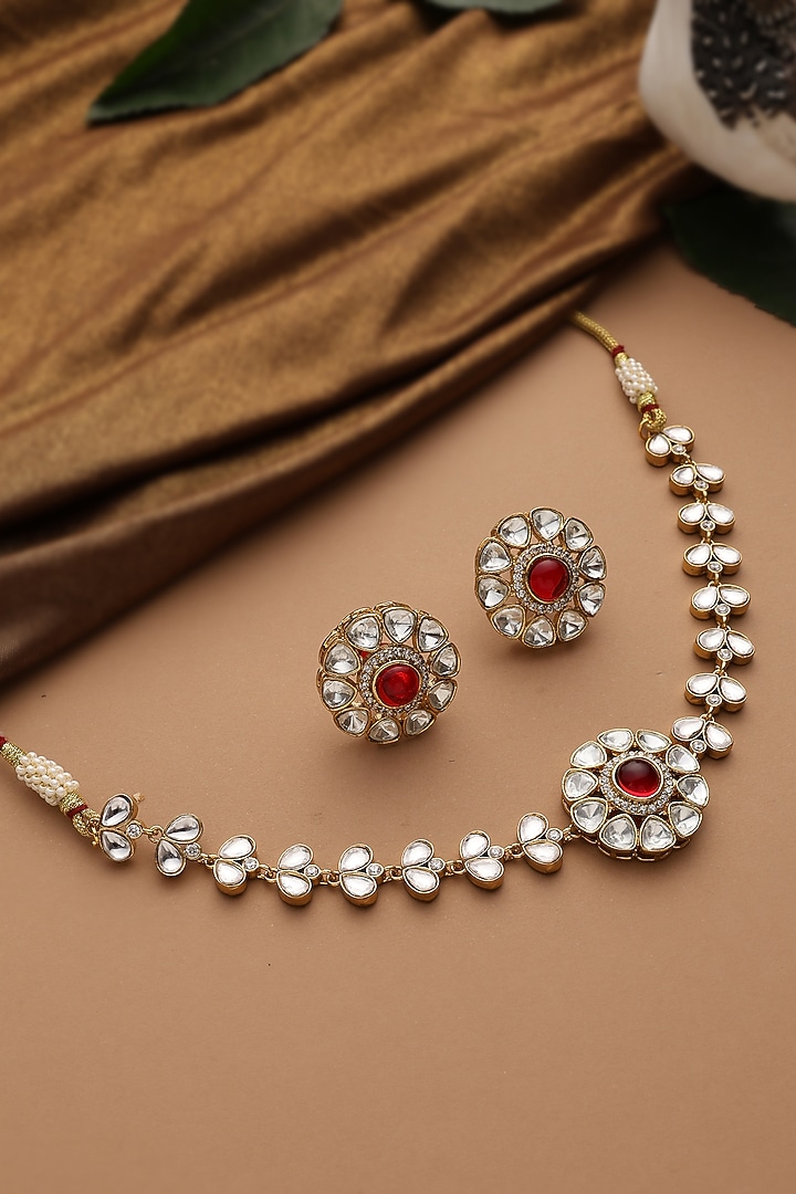 Gold Finish Red Kundan Polki Choker Necklace Set by Swabhimann Jewellery at Pernia's Pop Up Shop