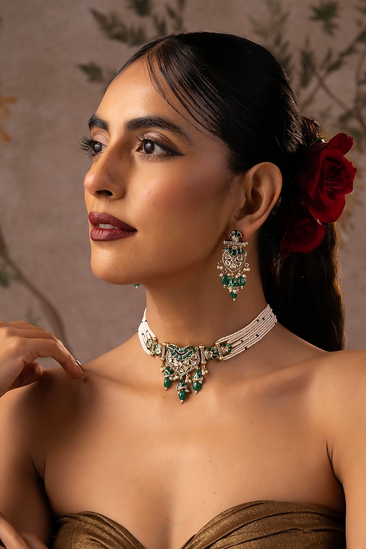 Gold Finish Green Kundan Polki Choker Necklace Set by Swabhimann Jewellery at Pernia's Pop Up Shop