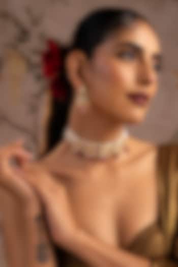 Gold Finish Red Kundan Polki Choker Necklace Set by Swabhimann Jewellery at Pernia's Pop Up Shop