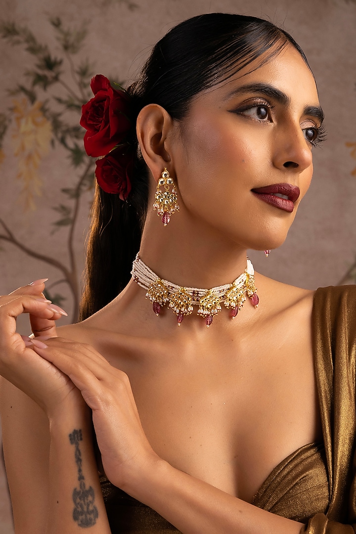 Gold Finish Red Kundan Polki Choker Necklace Set by Swabhimann Jewellery at Pernia's Pop Up Shop