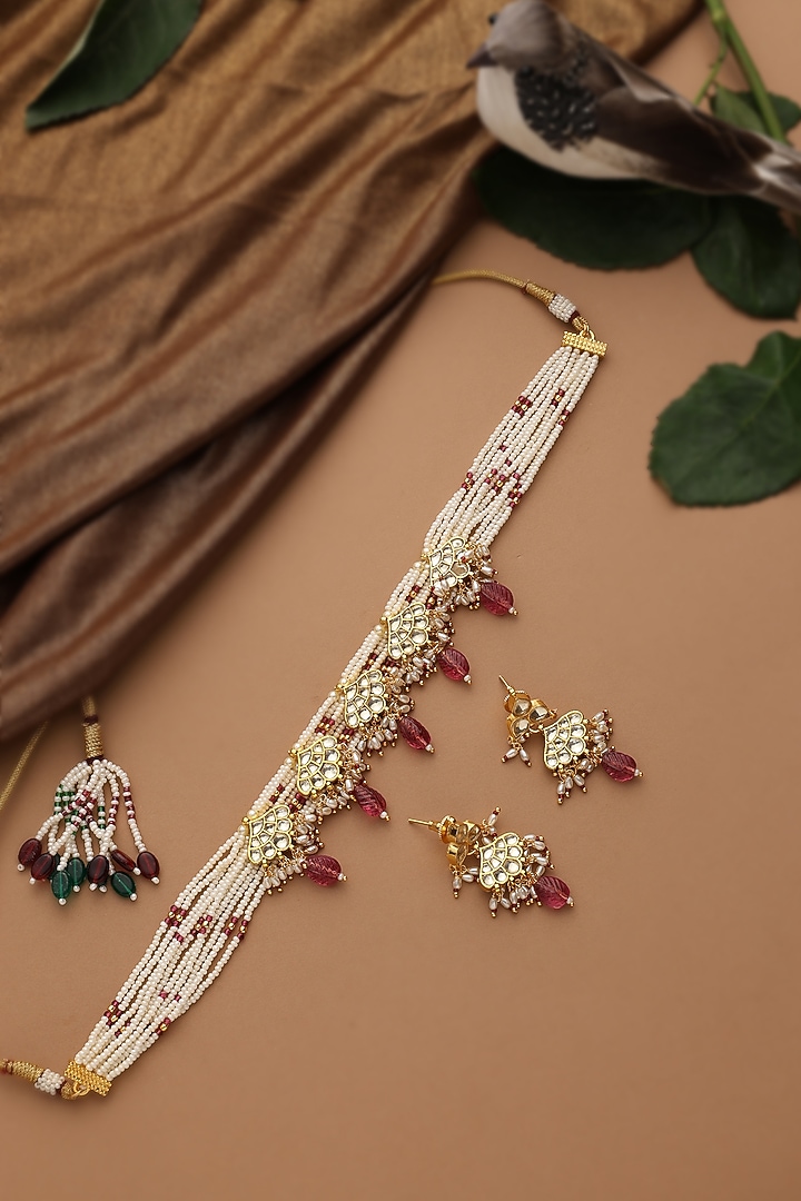Gold Finish Red Kundan Polki Choker Necklace Set by Swabhimann Jewellery at Pernia's Pop Up Shop