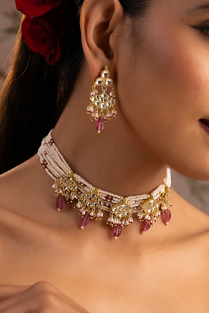 Gold Finish Red Kundan Polki Choker Necklace Set by Swabhimann Jewellery at Pernia's Pop Up Shop