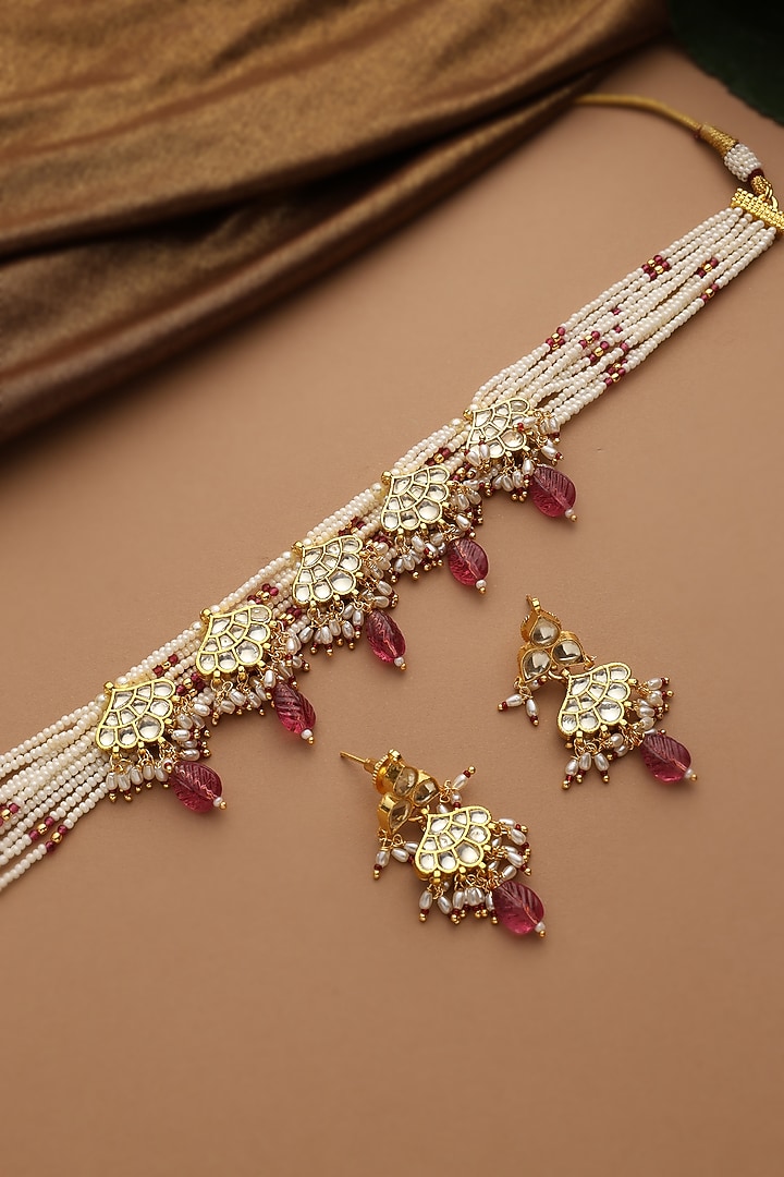 Gold Finish Red Kundan Polki Choker Necklace Set by Swabhimann Jewellery at Pernia's Pop Up Shop