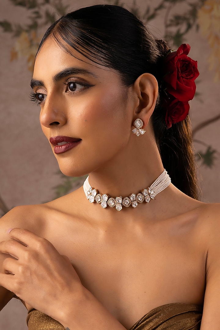Rose Gold Finish White Kundan Polki Choker Necklace Set by Swabhimann Jewellery at Pernia's Pop Up Shop