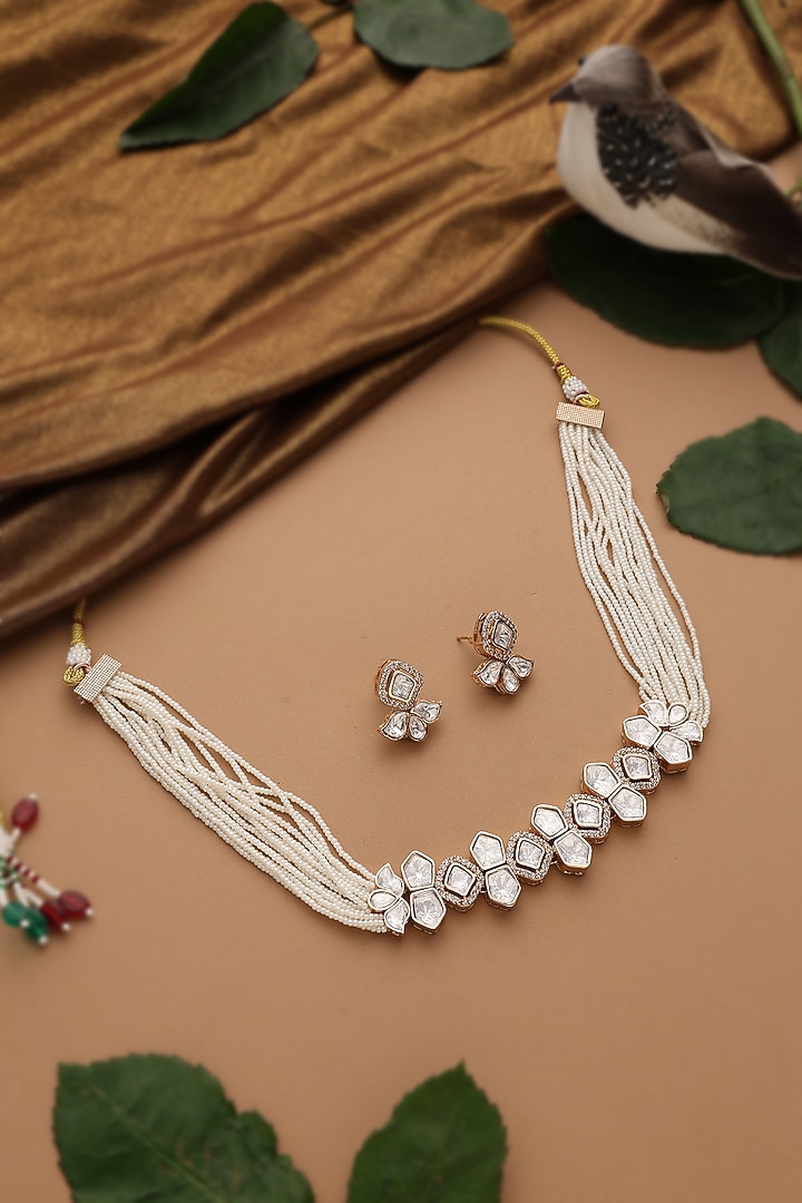 Rose Gold Finish White Kundan Polki Choker Necklace Set by Swabhimann Jewellery at Pernia's Pop Up Shop