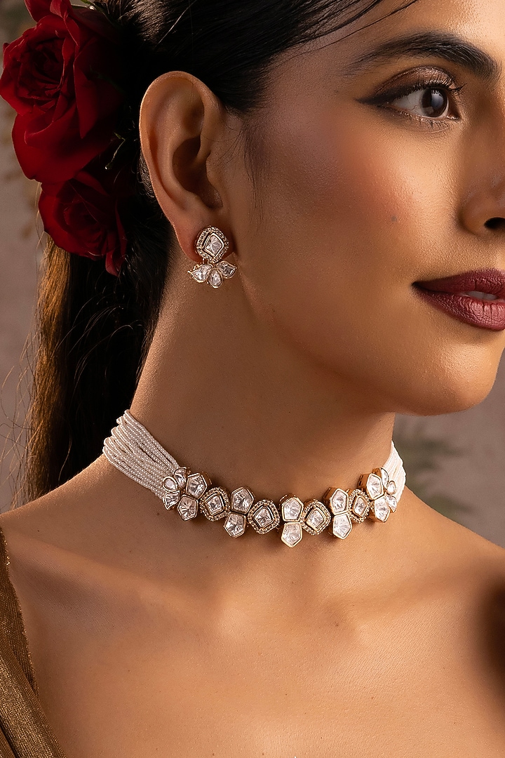 Rose Gold Finish White Kundan Polki Choker Necklace Set by Swabhimann Jewellery at Pernia's Pop Up Shop