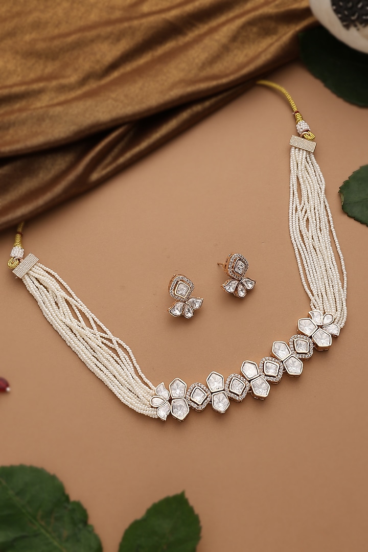 Rose Gold Finish White Kundan Polki Choker Necklace Set by Swabhimann Jewellery at Pernia's Pop Up Shop