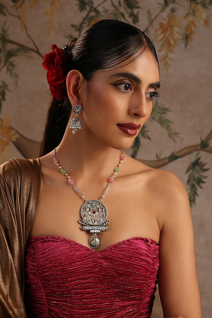 White Finish Multi-Colored Stone Pendant Necklace Set by Swabhimann Jewellery at Pernia's Pop Up Shop