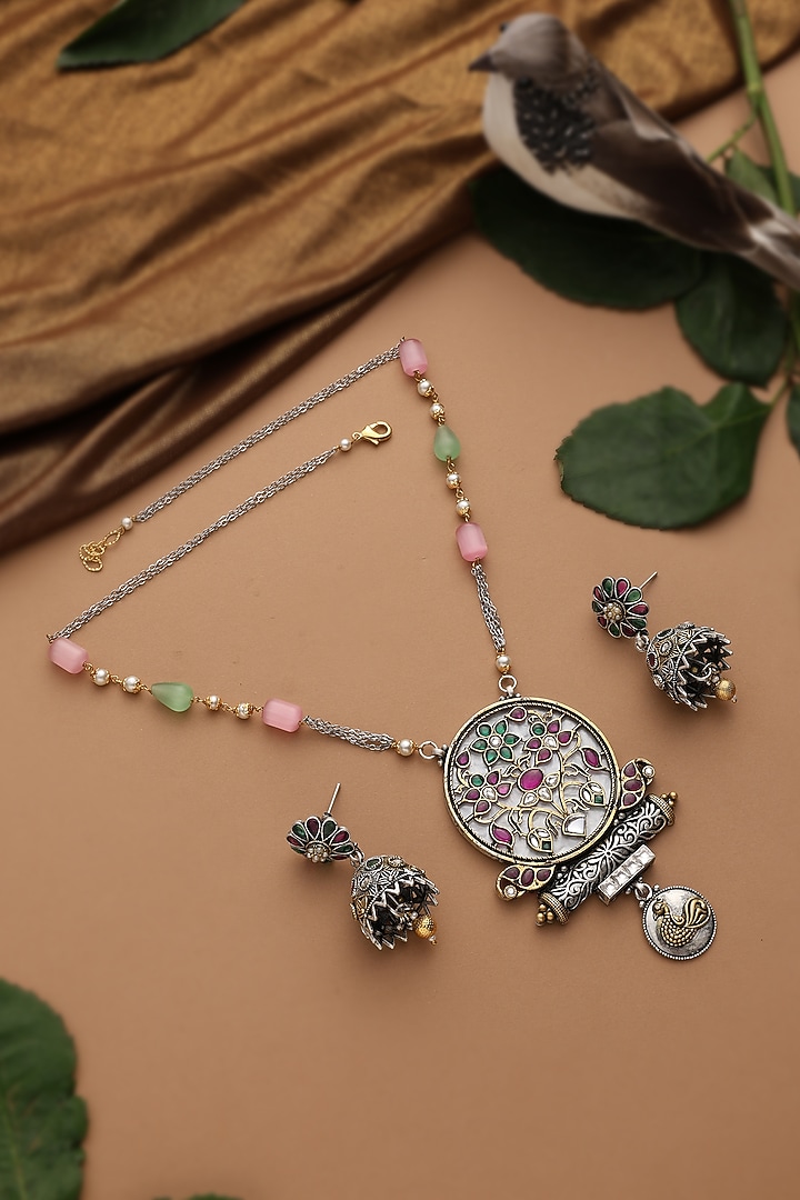 White Finish Multi-Colored Stone Pendant Necklace Set by Swabhimann Jewellery at Pernia's Pop Up Shop