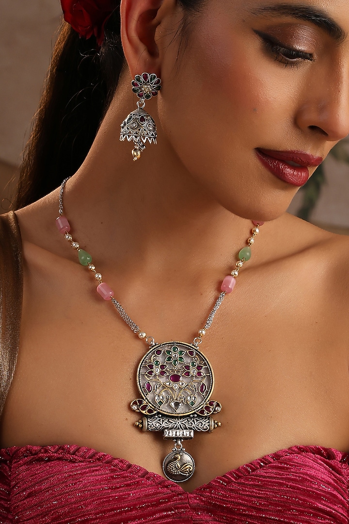 White Finish Multi-Colored Stone Pendant Necklace Set by Swabhimann Jewellery at Pernia's Pop Up Shop