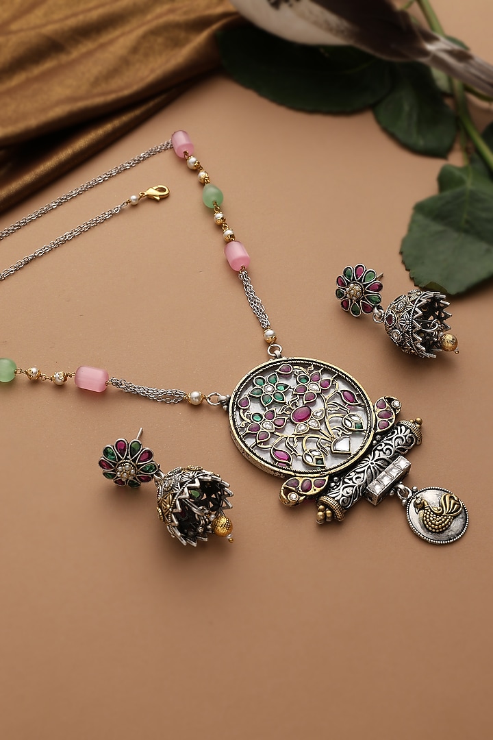 White Finish Multi-Colored Stone Pendant Necklace Set by Swabhimann Jewellery at Pernia's Pop Up Shop
