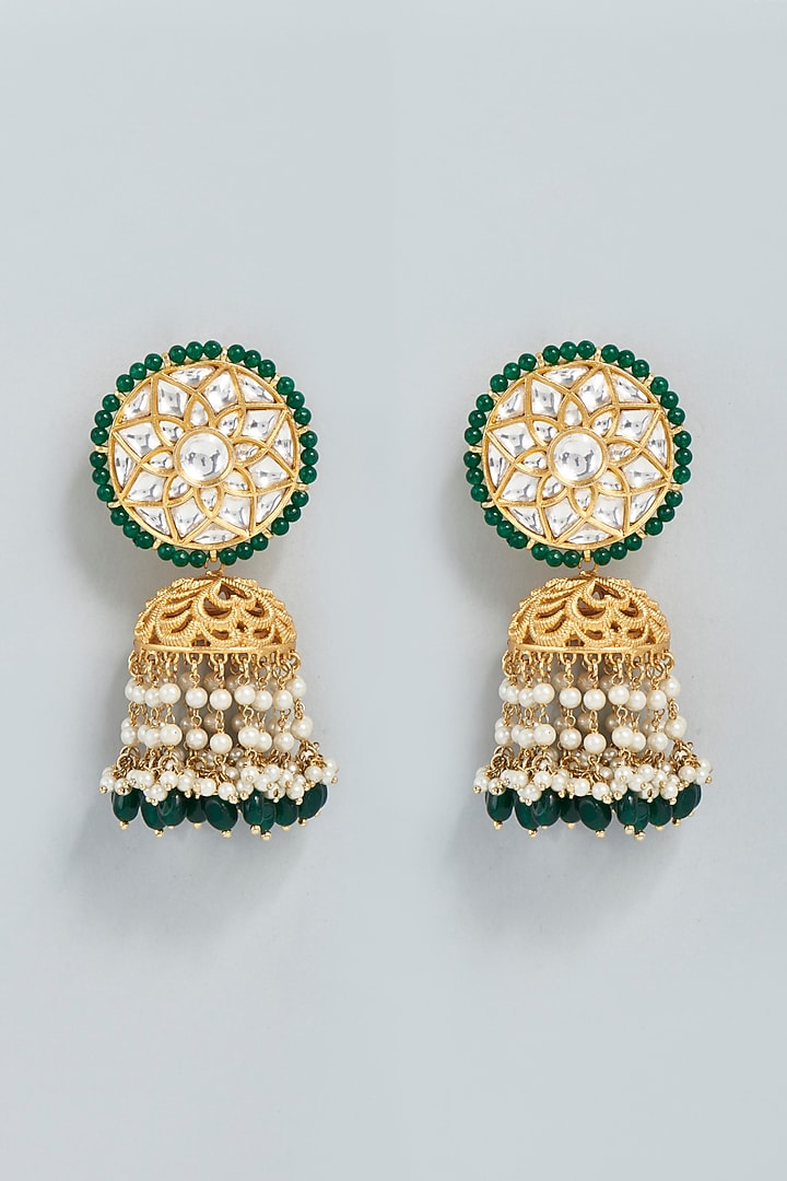 Gold Finish Beaded Jhumka Earrings by Swabhimann Jewellery at Pernia's Pop Up Shop