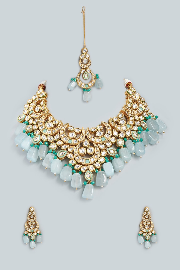 Gold Finish Bridal Necklace Set With Kundan Polki by Swabhimann Jewellery at Pernia's Pop Up Shop