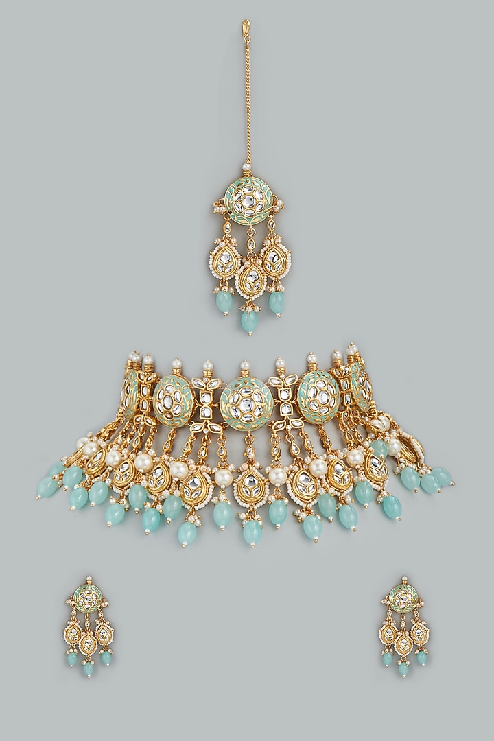 Gold Finish Necklace Set With Kundan Polki by Swabhimann Jewellery at Pernia's Pop Up Shop