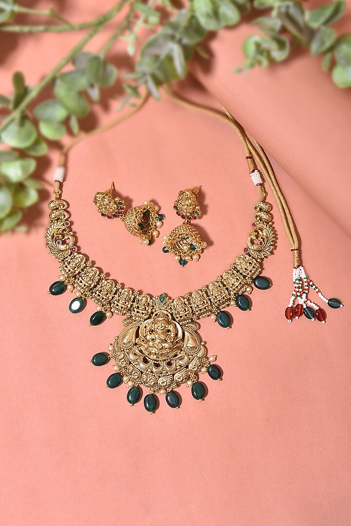 Gold Finish Emerald Temple Necklace Set by Swabhimann Jewellery at Pernia's Pop Up Shop
