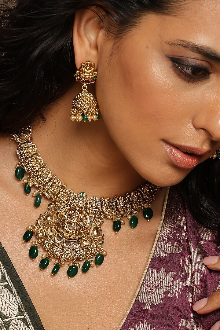 Gold Finish Emerald Temple Necklace Set by Swabhimann Jewellery at Pernia's Pop Up Shop