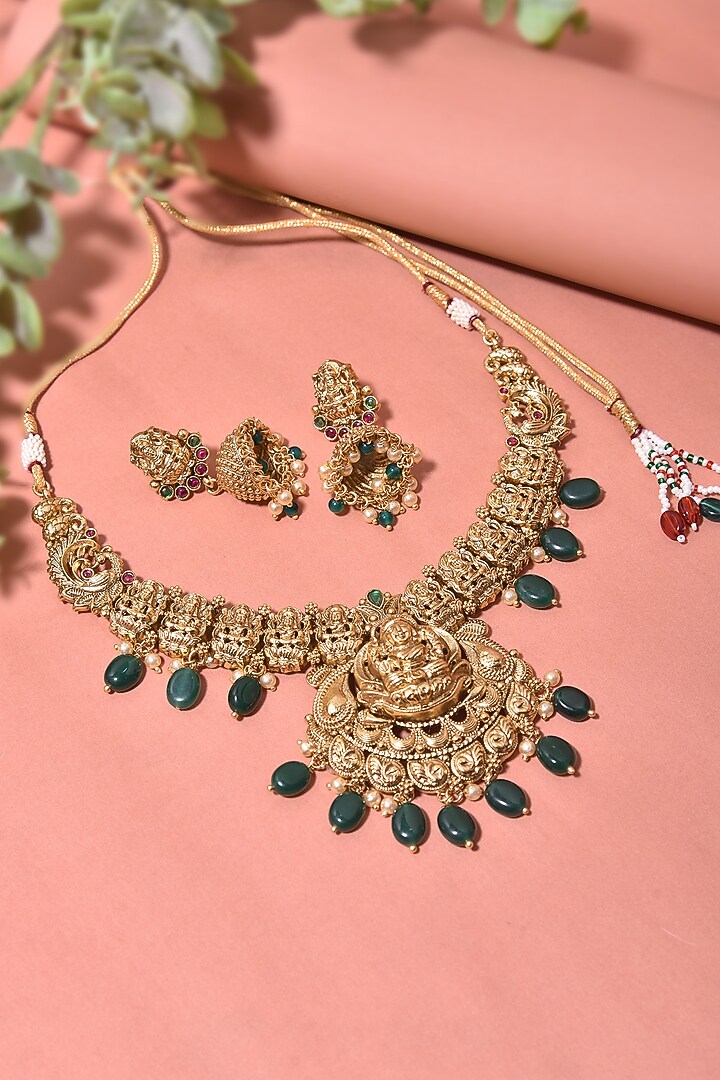 Gold Finish Emerald Temple Necklace Set by Swabhimann Jewellery at Pernia's Pop Up Shop