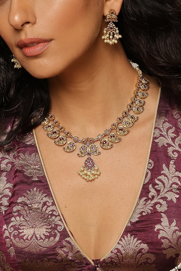 Gold Finish Ruby Synthetic Stone Necklace Set by Swabhimann Jewellery at Pernia's Pop Up Shop