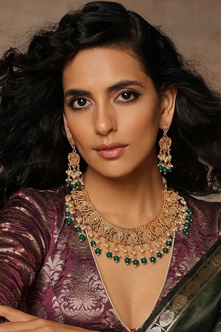 Gold Finish Emerald Synthetic Stone Necklace Set by Swabhimann