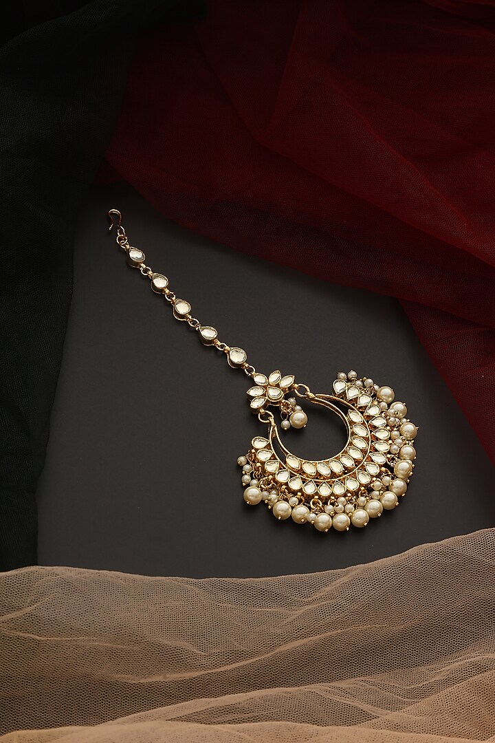 Gold Finish Kundan Polki & Pearl Maangtikka by Swabhimann Jewellery at Pernia's Pop Up Shop