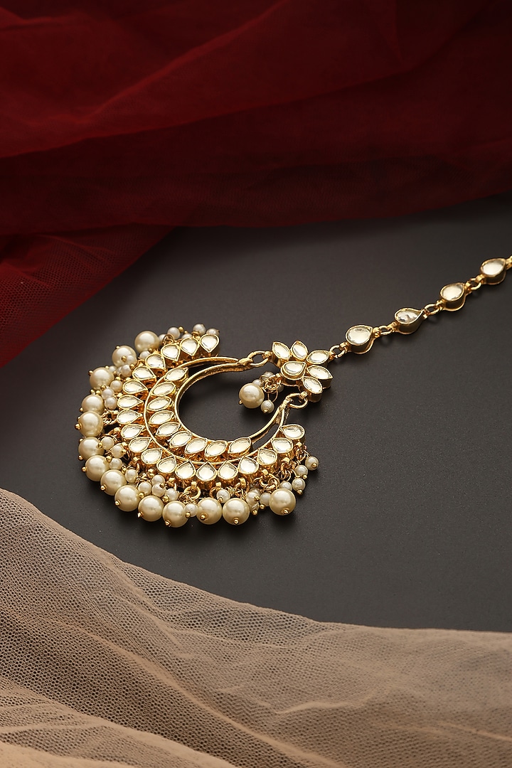 Gold Finish Kundan Polki & Pearl Maangtikka by Swabhimann Jewellery at Pernia's Pop Up Shop