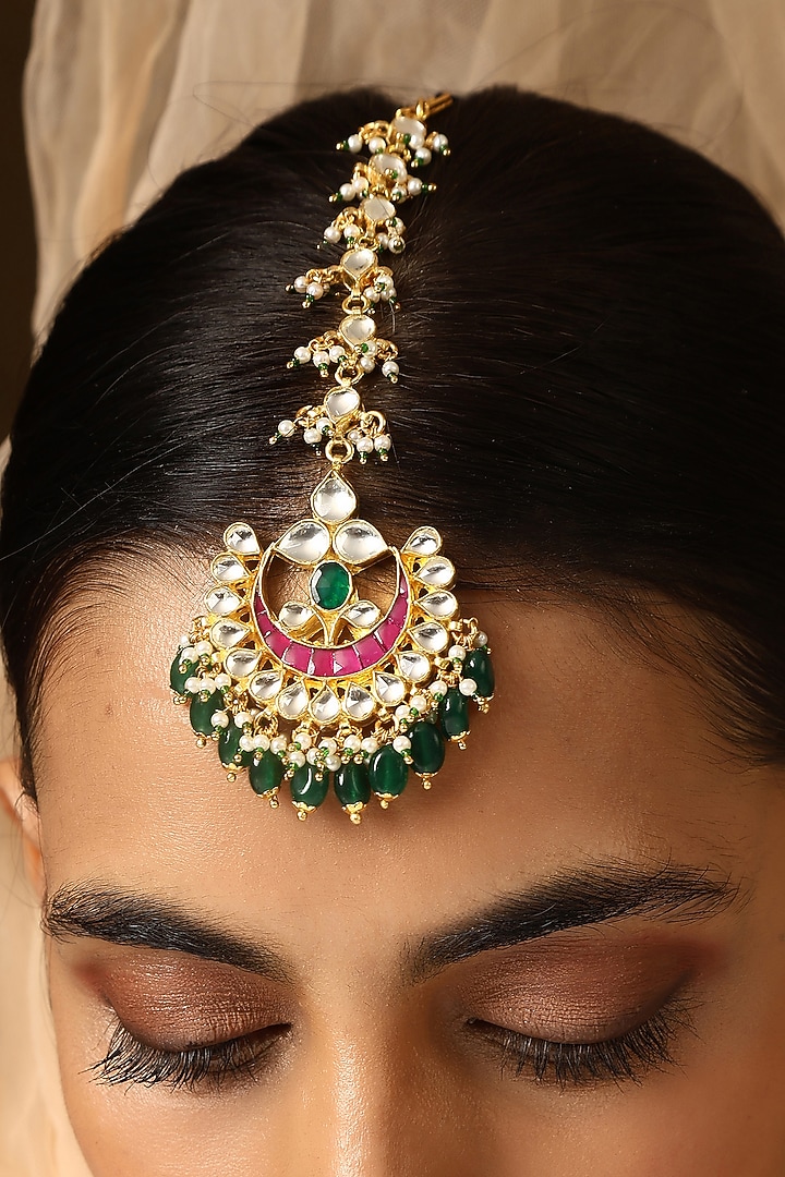 Gold Finish Kundan Polki Maangtikka by Swabhimann Jewellery at Pernia's Pop Up Shop
