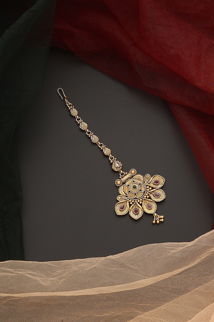 Gold Finish Kundan Polki Temple Maangtikka by Swabhimann Jewellery at Pernia's Pop Up Shop