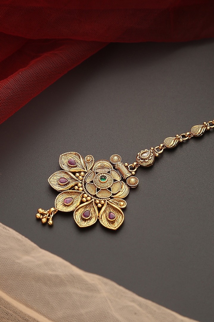 Gold Finish Kundan Polki Temple Maangtikka by Swabhimann Jewellery at Pernia's Pop Up Shop