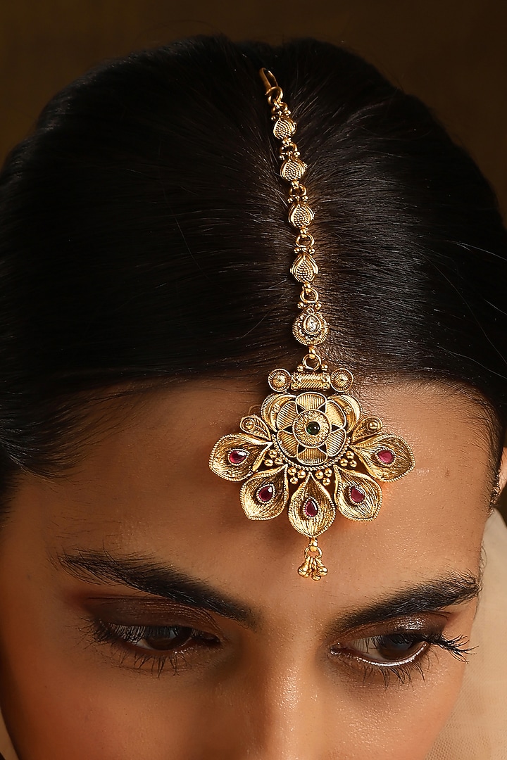 Gold Finish Kundan Polki Temple Maangtikka by Swabhimann Jewellery at Pernia's Pop Up Shop