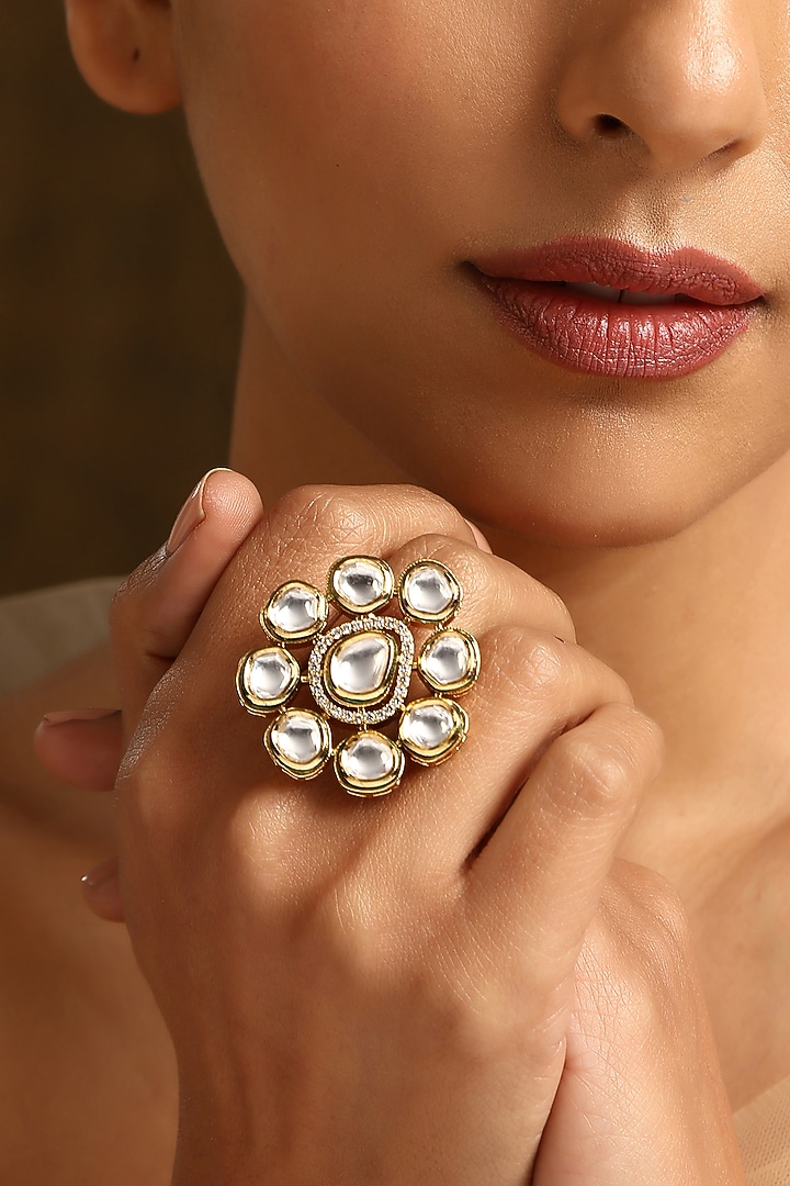 Gold Finish Kundan Polki Ring by Swabhimann Jewellery at Pernia's Pop Up Shop