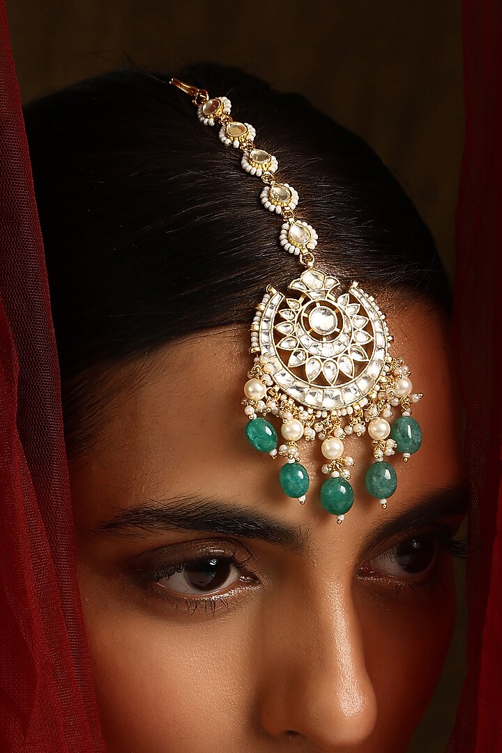 Gold Finish Kundan Polki Maangtikka by Swabhimann Jewellery at Pernia's Pop Up Shop