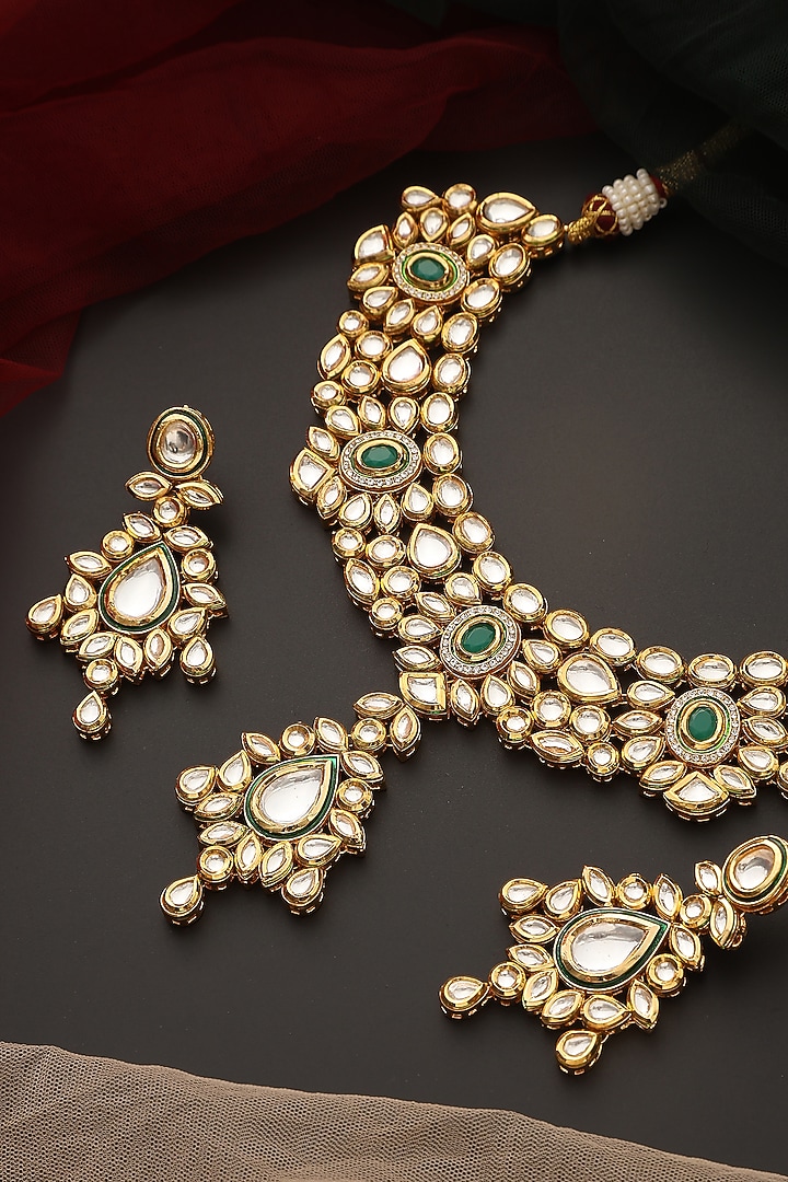 Gold Finish Kundan Polki Necklace Set by Swabhimann Jewellery at Pernia's Pop Up Shop