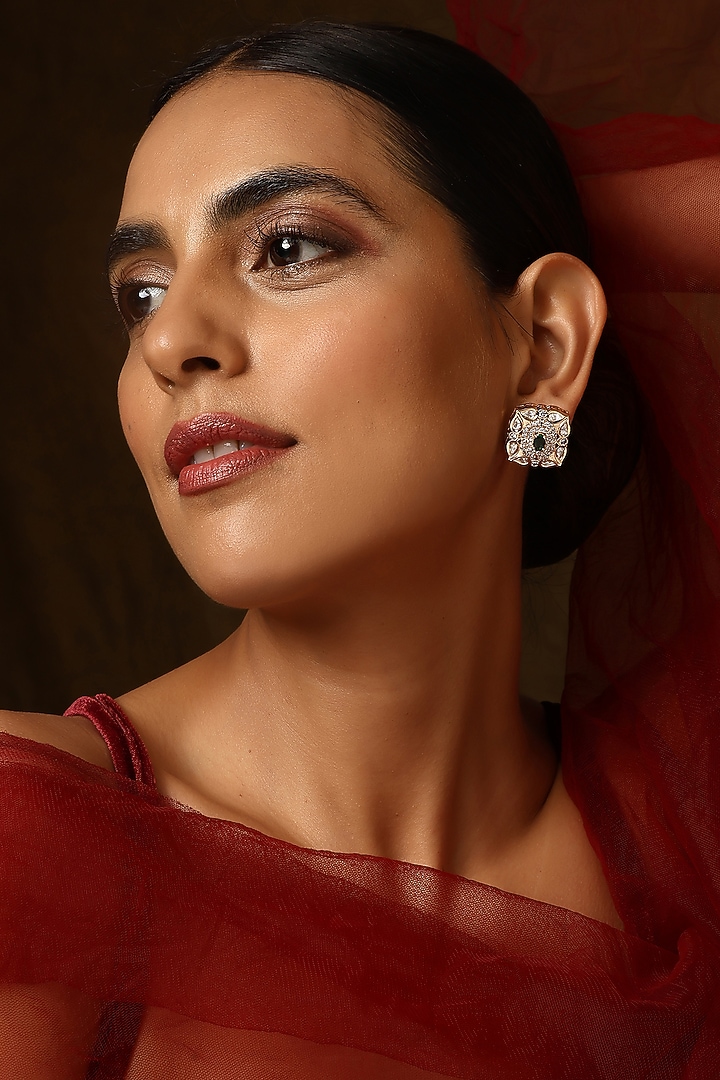 Gold Finish Kundan Polki Stud Earrings by Swabhimann Jewellery at Pernia's Pop Up Shop