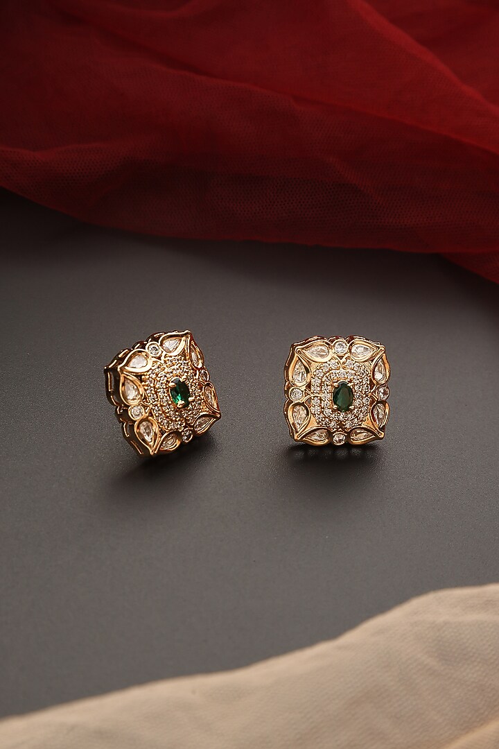 Gold Finish Kundan Polki Stud Earrings by Swabhimann Jewellery at Pernia's Pop Up Shop