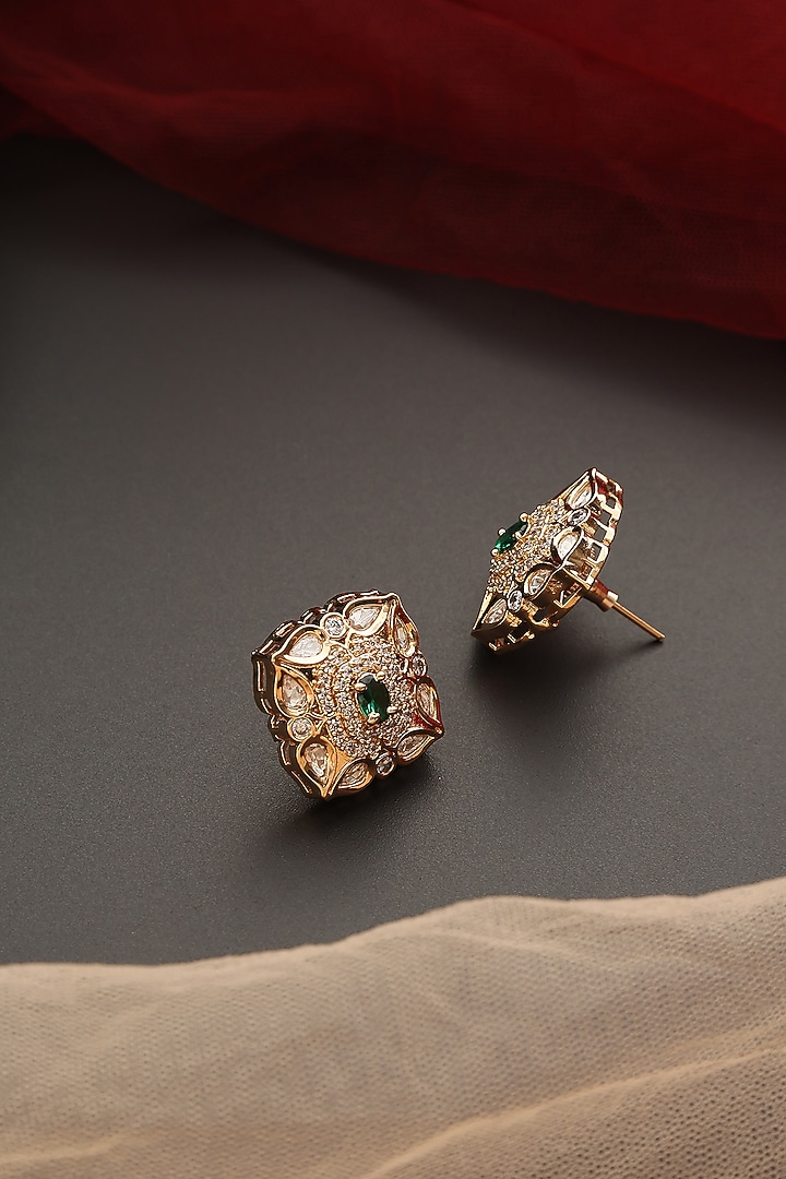 Gold Finish Kundan Polki Stud Earrings by Swabhimann Jewellery at Pernia's Pop Up Shop