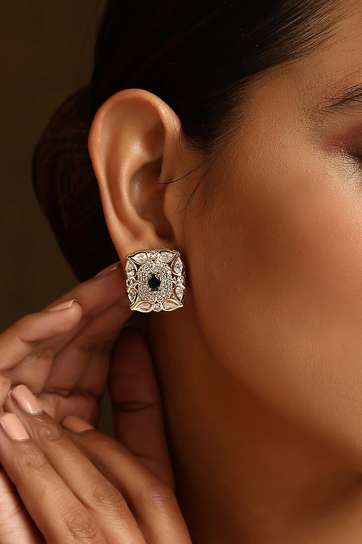 Gold Finish Kundan Polki Stud Earrings by Swabhimann Jewellery at Pernia's Pop Up Shop