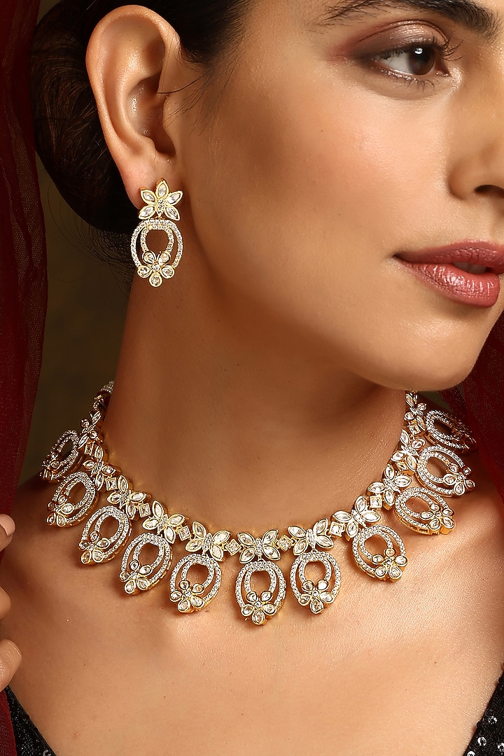 Rose Gold Finish Kundan Polki Necklace Set by Swabhimann Jewellery at Pernia's Pop Up Shop