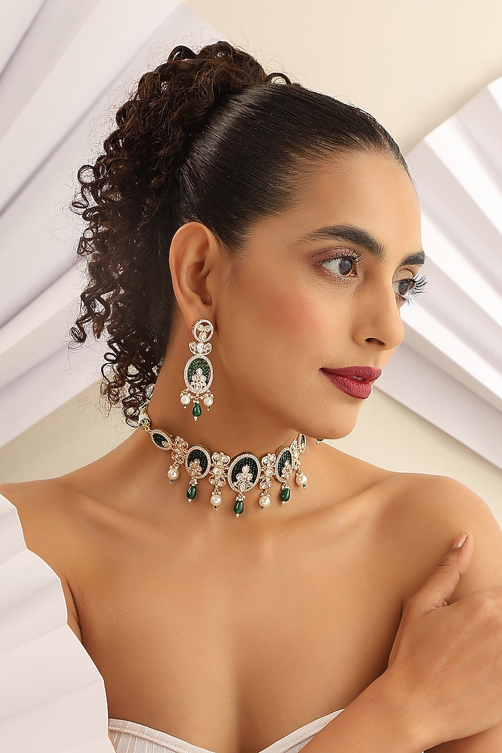 Gold Finish Kundan Polki Choker Necklace Set by Swabhimann Jewellery at Pernia's Pop Up Shop