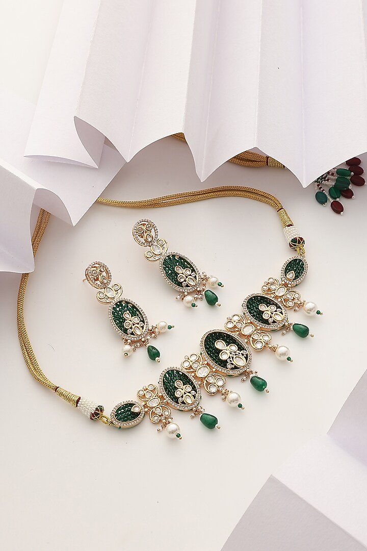 Gold Finish Kundan Polki Choker Necklace Set by Swabhimann Jewellery at Pernia's Pop Up Shop