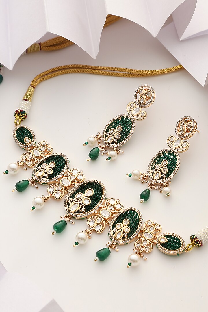 Gold Finish Kundan Polki Choker Necklace Set by Swabhimann Jewellery at Pernia's Pop Up Shop