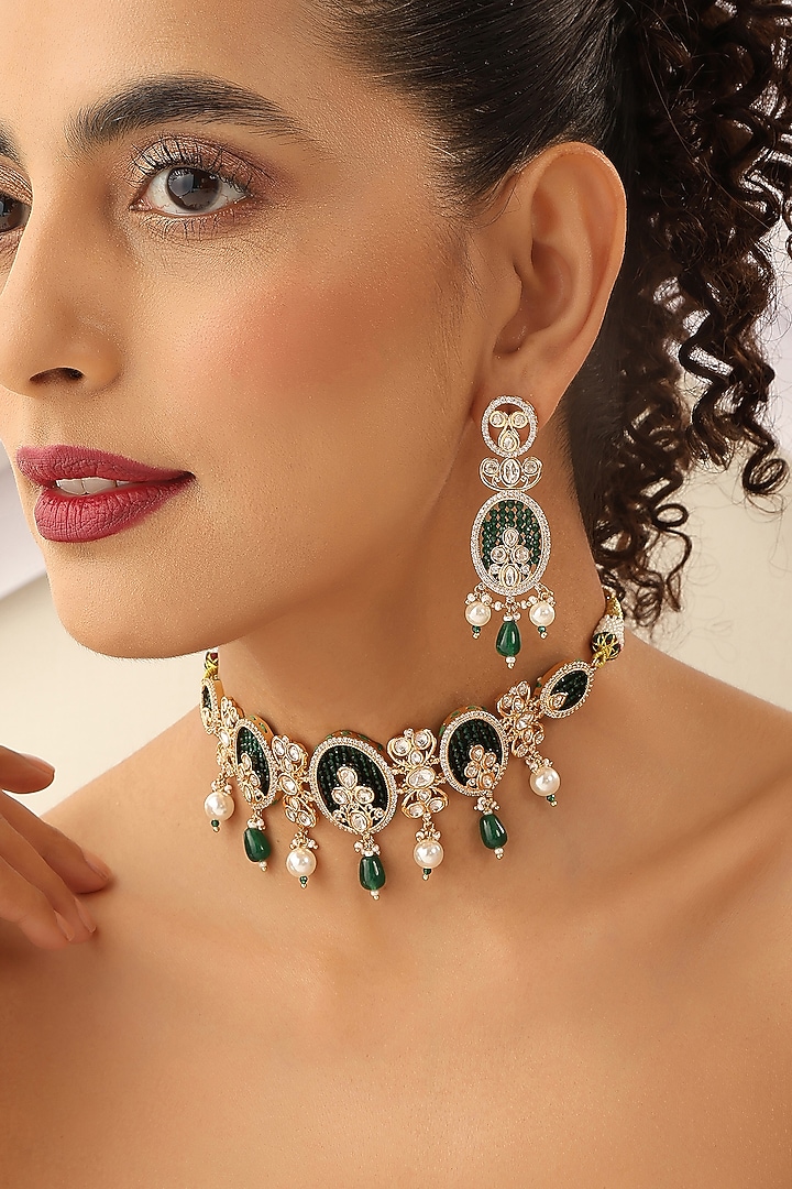 Gold Finish Kundan Polki Choker Necklace Set by Swabhimann Jewellery at Pernia's Pop Up Shop