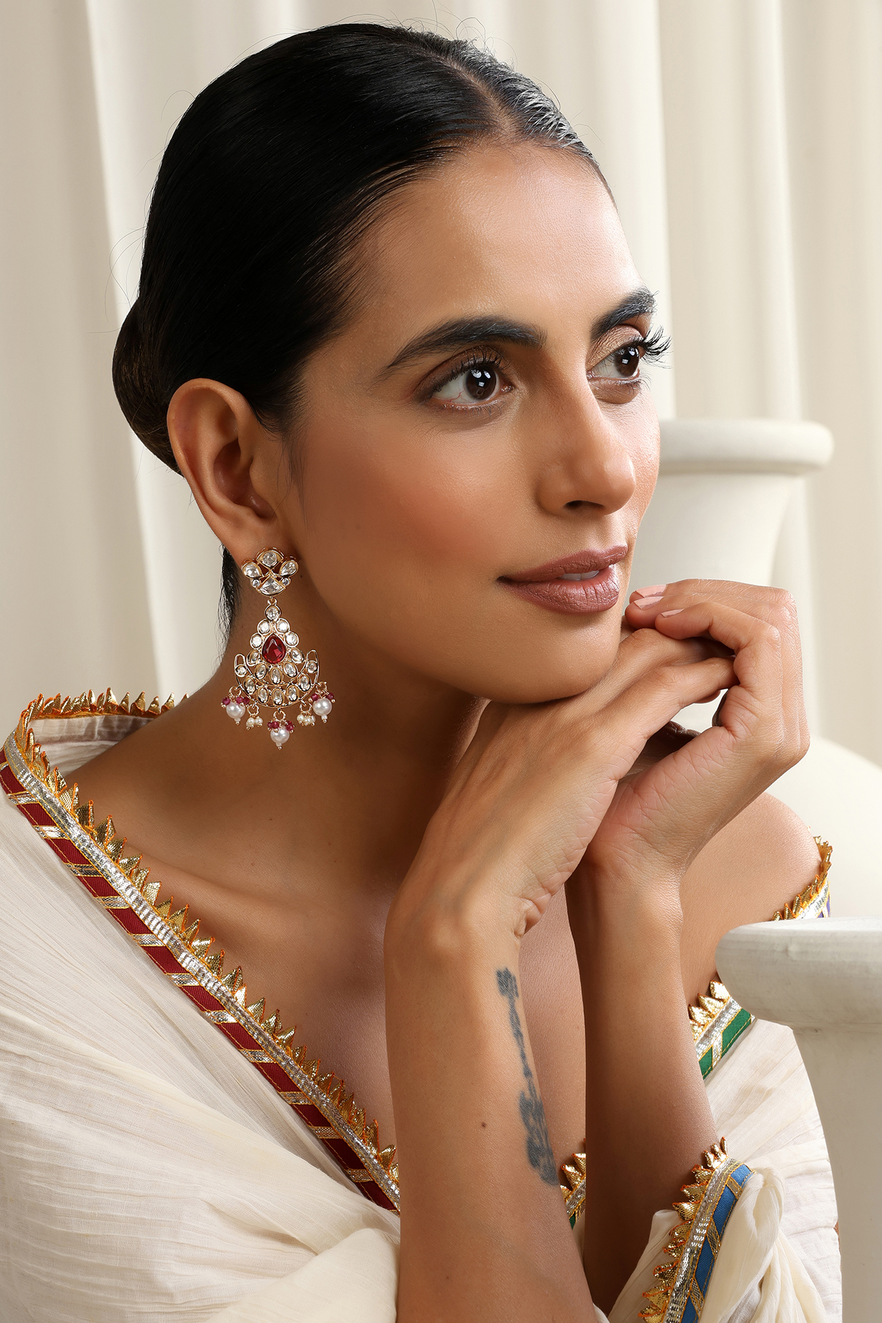 Rose Gold Finish Red Kundan Polki Handcrafted Chandbali Earrings by Swabhimann Jewellery at Pernia's Pop Up Shop