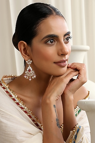 Rose Gold Finish Red Kundan Polki Handcrafted Chandbali Earrings by Swabhimann Jewellery