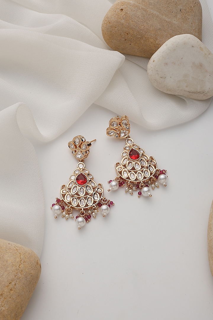 Rose Gold Finish Red Kundan Polki Handcrafted Chandbali Earrings by Swabhimann Jewellery at Pernia's Pop Up Shop