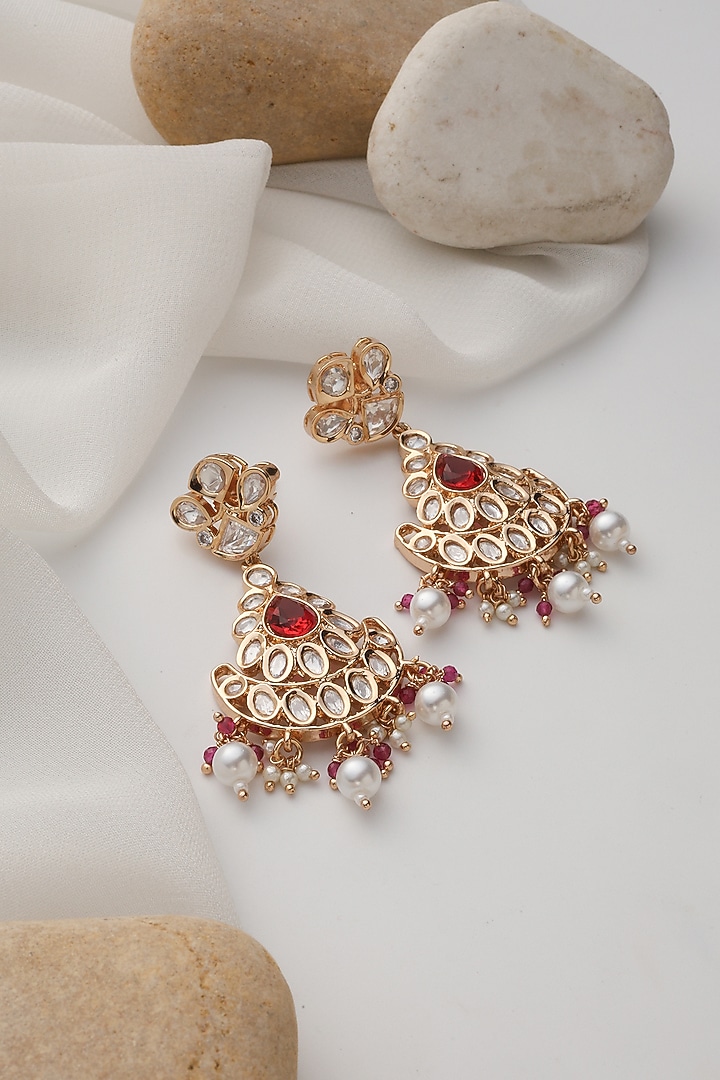 Rose Gold Finish Red Kundan Polki Handcrafted Chandbali Earrings by Swabhimann Jewellery at Pernia's Pop Up Shop