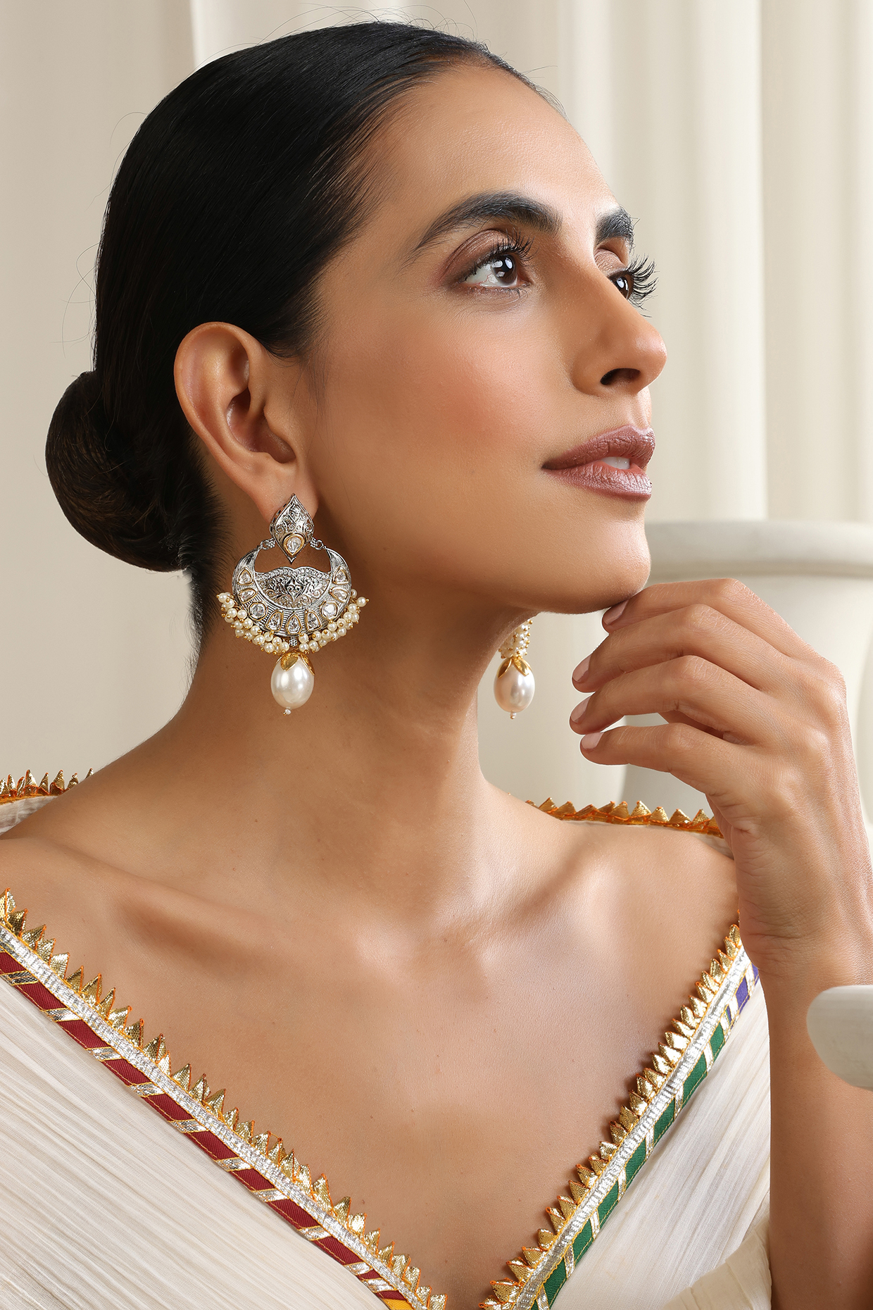 Gold Finish Silver Kundan Polki Handcrafted Chandbali Earrings by Swabhimann Jewellery at Pernia's Pop Up Shop