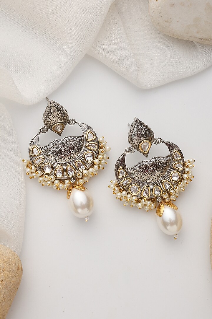 Gold Finish Silver Kundan Polki Handcrafted Chandbali Earrings by Swabhimann Jewellery at Pernia's Pop Up Shop