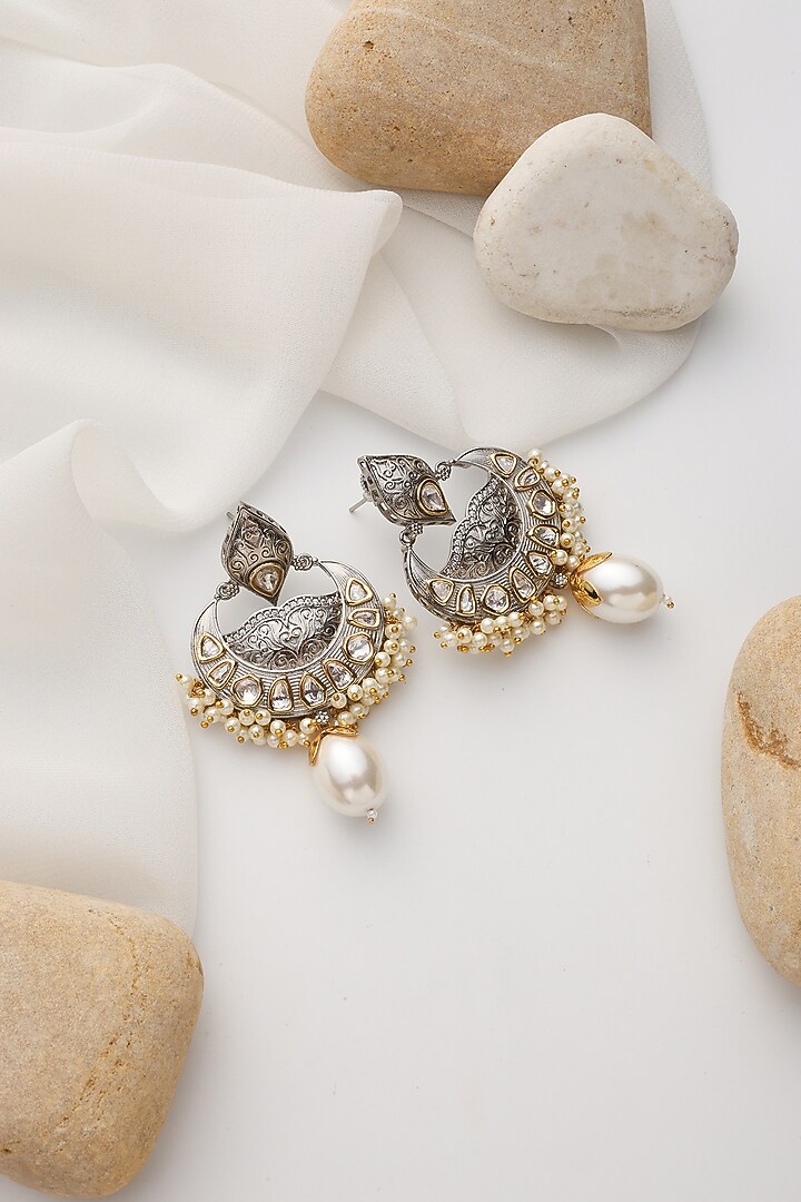 Gold Finish Silver Kundan Polki Handcrafted Chandbali Earrings by Swabhimann Jewellery at Pernia's Pop Up Shop