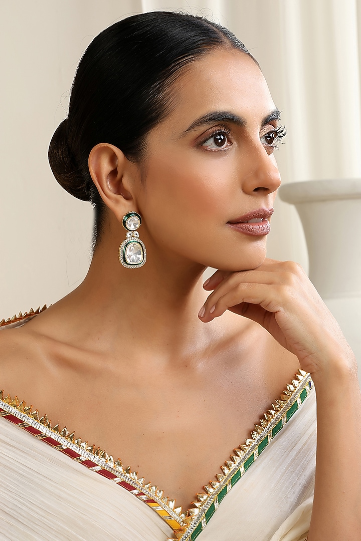 Gold Finish Green Kundan Polki Handcrafted Dangler Earrings by Swabhimann Jewellery at Pernia's Pop Up Shop